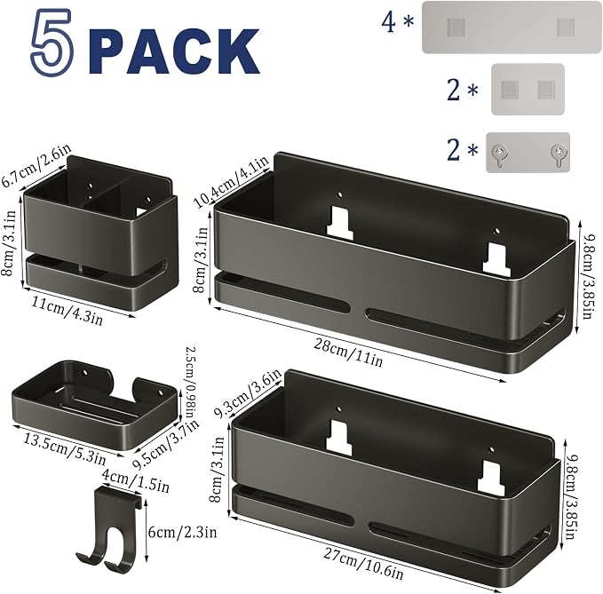 Bathroom Shower Caddy (5-piece Set Storage Rack), wall-Mounted Shelf with soap Dish and Toothbrush Holder, no Drilling Required, Ideal for Bathroom Storage and Also Suitable for Kitchen (Grey)