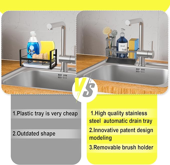 Fssvcd Maifan Sink Caddy Sponge Holder for Kitchen with Brush Holder and Stainless Steel Self Drain Tray, Rustproof Kitchen Sink Organizer for Sponge, Soap Dispenser Storage Accessories Dark Gray