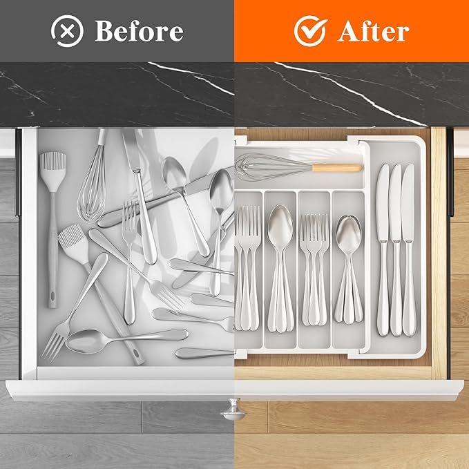 Lifewit Silverware Drawer Organizer, Expandable Utensil Tray for Kitchen, BPA Free Flatware and Cutlery Holder, Adjustable Plastic Storage for Spoons Forks Knives, 8.5-14 x 12", White