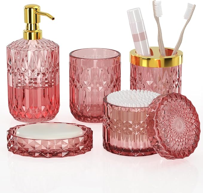 New Pink Glass Bathroom Accessories Set 5 Pcs, Pink Bathroom Set, Soap Dispenser and Toothbrush Holder Set, Qtip Holder Set, Vintage Bathroom Sink Set, Cute Bathroom Decor