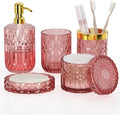 New Pink Glass Bathroom Accessories Set 5 Pcs, Pink Bathroom Set, Soap Dispenser and Toothbrush Holder Set, Qtip Holder Set, Vintage Bathroom Sink Set, Cute Bathroom Decor