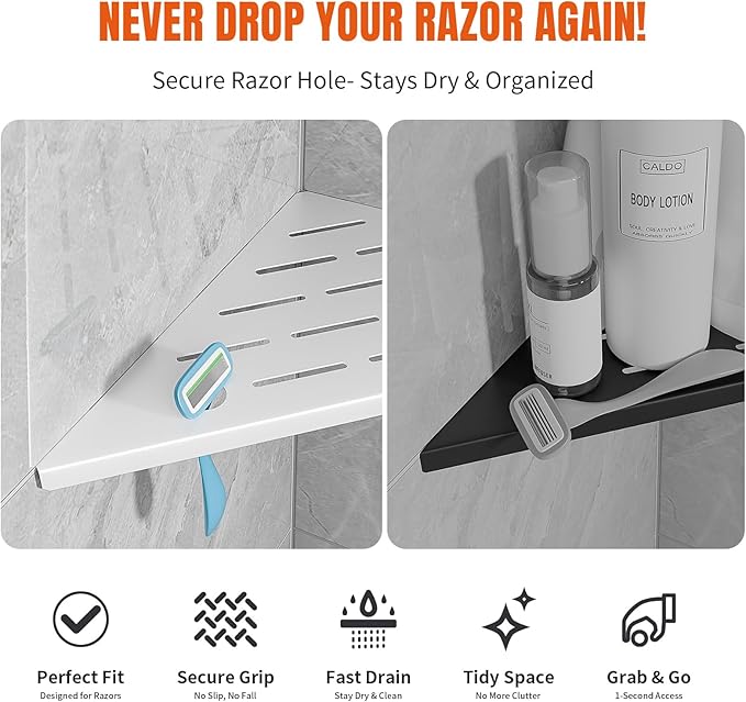 Corner Shower Shelf with Razor Hole, Rustproof Stainless Steel Shower Organizer, No Drilling Tile Shower Shelves, Modern Bathroom Shelf for Tile Wall, Grout in Shelf for Bathroom 2-Pack, 10"