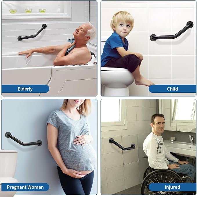 16 Inch Angled Shower Grab Bar,Munzong Black Anti Slip Bathroom Grab Bar, Knurled Bathroom Balance Bar,Safety Hand Rail Support Handicap Elderly Injury Senior Assist Bath Handle