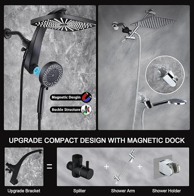 BOZYBO Rain Shower Head with Handheld: High Pressure Shower Heads with Handheld Spray Combo, 12" Rainfall Shower Head and 9 Sprays Hand Showerheads with Magnetic Docking and Power Jets, Matte Black
