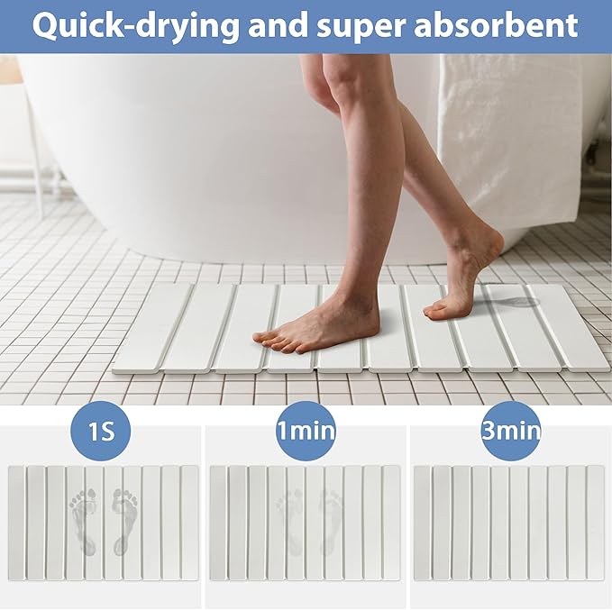 Foldable Stone Bath Mat, Quick Drying Diatomaceous Earth Shower Mat with Non-Slip Rubber Backing, 23.6 x 15.4 inch, Super Absorbent Stone Mat for Bathroom Floor, Easy to Clean