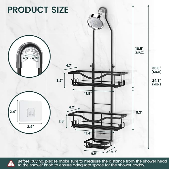 Shower Caddy Hanging Adjustable Shower Caddy, Rustproof Shower Organizer Extended Length Shower Caddies Over Shower Head with Hooks Soap Holder, Large Capacity Anti-Swing Bathroom Storage, Black