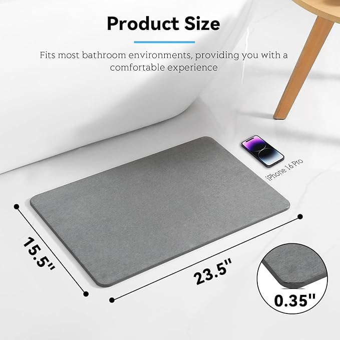 Stone Bath Mat, Dries Quickly, Non-Slip Diatomaceous Earth Bath Mats for Bathroom, Super Absorbent Stone Shower Mat, Easy to Clean, 23.5" x 15.5" Charcoal Gray