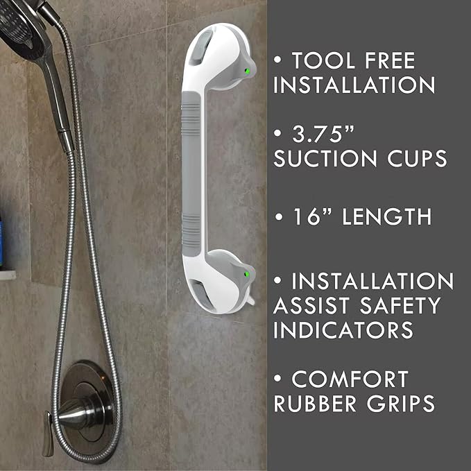 16 Inch Long Suction Grab Bar for Bathroom Indicator Light, Suction Shower Balance Assist Bar Support Rail Helping Handle for Tub Elderly Seniors Handicap Strong Suction Bathtub Grips Non Slip Sticker