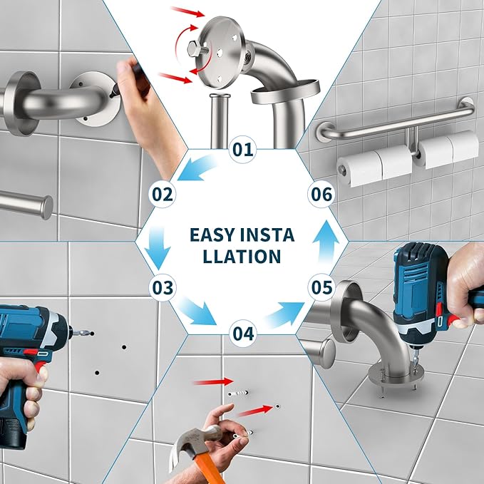 Brushed Nickel Handicap Grab Bars 24 Inch, Stainless Steel Bathroom Safety Grab Bar w/Toilet Paper Holder, Wall Mounted Tissue Paper Roll Holder, Assistance Toilet Shower Handle for Elderly Senior