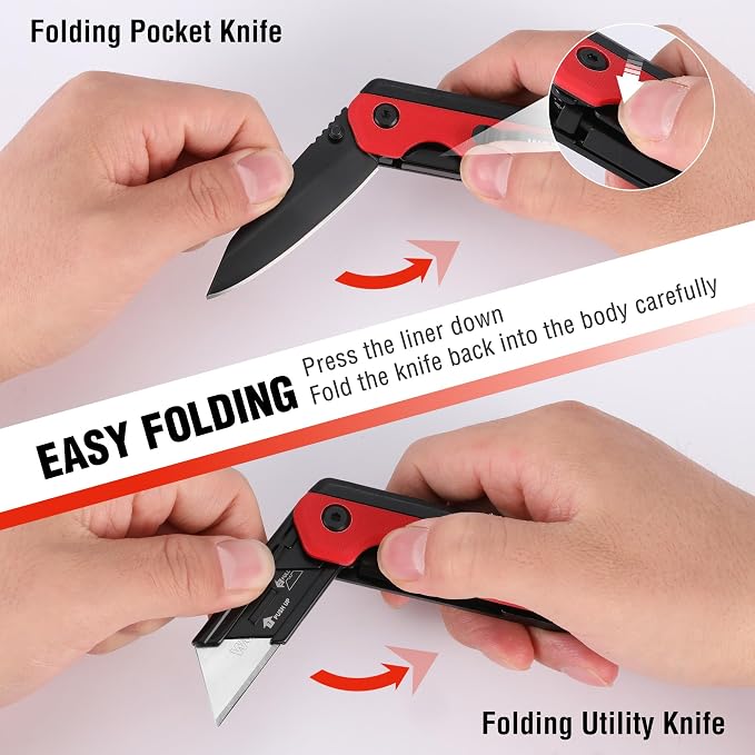 WORKPRO 2-in-1 Folding Knife/Utility Knife, Quick-Change Box Cutter with Belt Clip, Liner Lock, and G10 Handle, Extra 10 SK5 Blades Included, Red