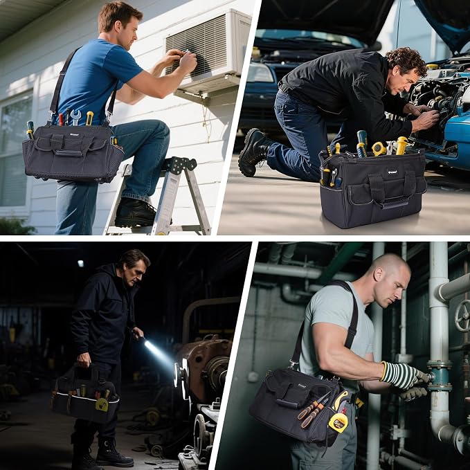 TICONN Heavy Duty Tool Bag with Multi-Pockets, Portable Tool Box Organizer Storage Bag, with Adjustable Shoulder Strap and Ergonomic Handle (Black, 16" Standard Base)