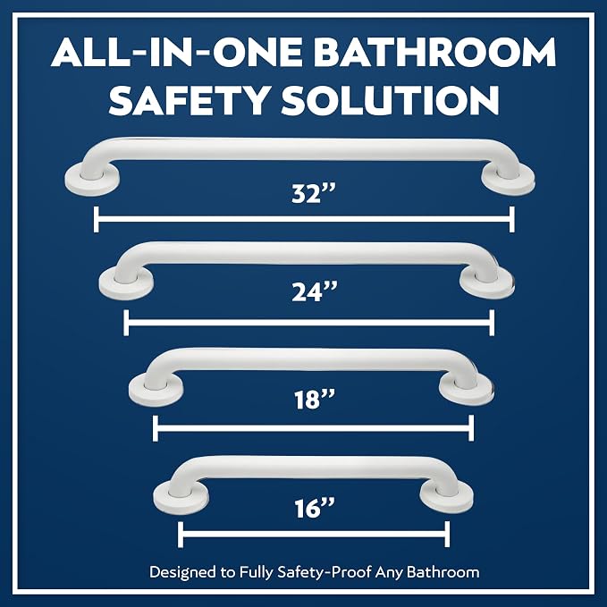Shower Grab Bars 4 Pack – Complete Bathroom Safety Starter Bundle for Seniors – 16", 18", 24", 32" Lengths, 1.25" Diameter, 500 lb Rated – All-in-One Grab Bar Shower Safety Solution – White