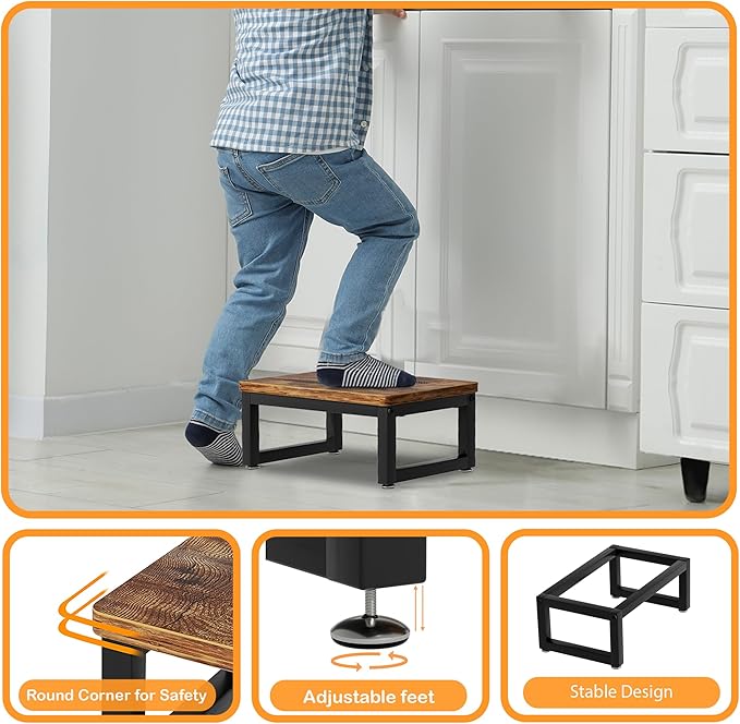 Wooden Step Stools with Anti Slip Pat for Adult, Heavy Duty Bedside Foot Stools with 400-LBS Capacity for High Beds, 7" Tall Bed Steps for Bedroom Kitchen Bathroom, Rustic Brown