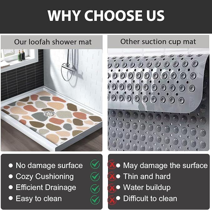 Non Slip Shower Mat: 32x24 Inch Extra Large Shower Mats for Inside Shower with Drain Hole in Middle - Soft PVC Loofah Anti Slip Shower Floor Mat for Standing and Walk-in Shower, Quick Drying