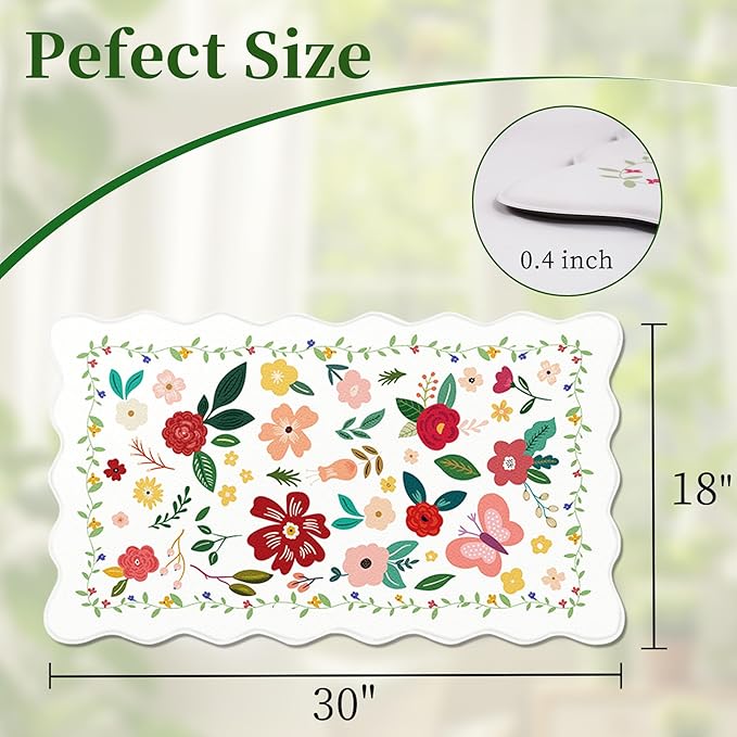 Kitchen Rugs, White Vintage Floral Scalloped Anti Fatigue Mats, Cushioned Non Slip PVC Floor Rugs, Comfort Standing Kitchen Floor Mats for Sink Laundry Office Home, 18x30 Inch