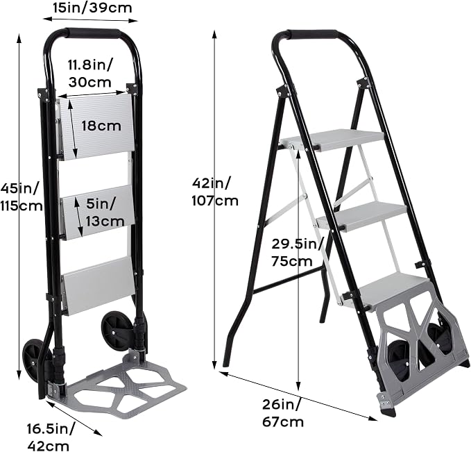 2-in-1 Hand Truck Step Ladder, Dolly Cart Step Stool, Multi-Functional Foldable Hand Trolley and Ladder for Warehouse Garage Office or Home Use (Black-Silver, 3 Step)