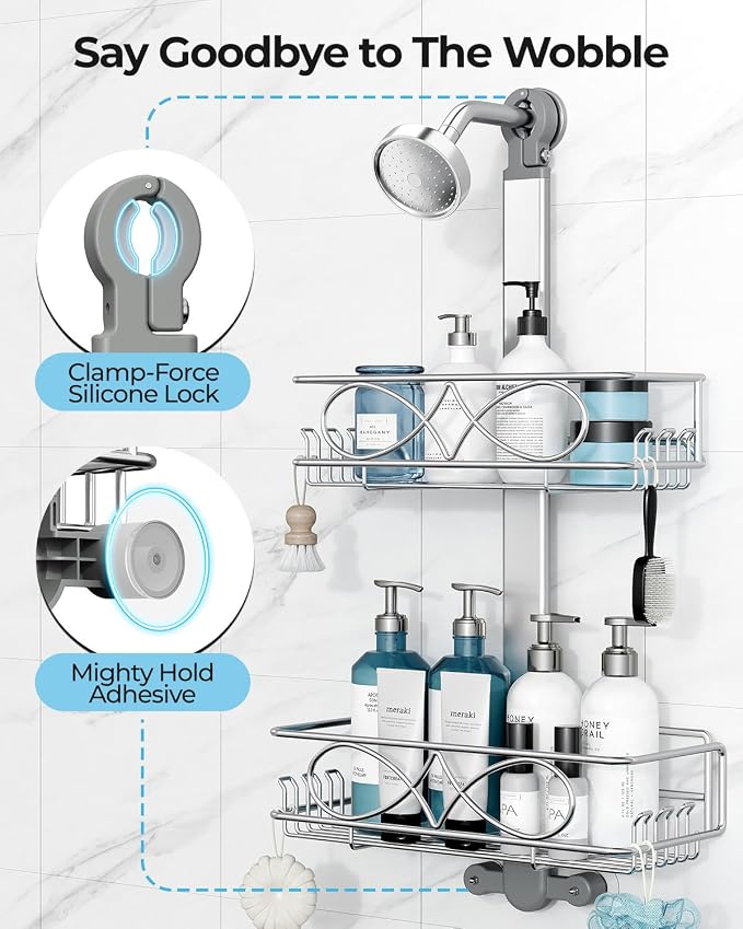 ODesign 2 Tier Stainless Steel Anodized Aluminum,Height-Adjustable Rustproof Shower Caddy Hanging Anti-Swing-Over The Shower Head Caddy-Bathroom Showe r Storage Organizer With Soap Box Holder- Sliver