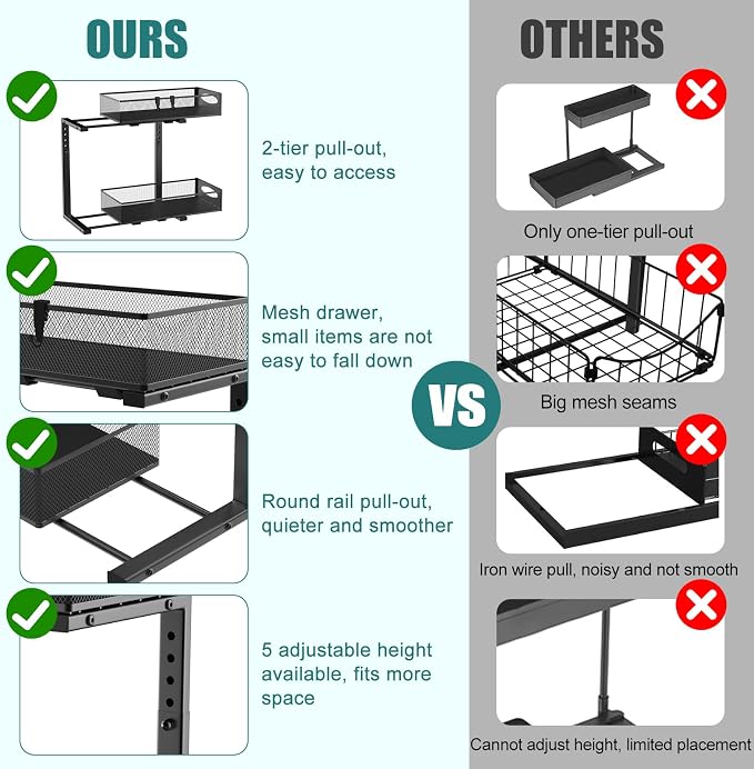 Housolution 2 Pack Under Sink Organizer, 2 Tier Metal Pull Out Under Sink Storage with Sliding Mesh Drawers, Height Adjustable Slide Out Under Sink Organizer for Kitchen Bathroom Cabinet, Black