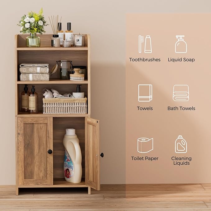 Homhedy Small Bathroom Storage Cabinet, Freestanding Toilet Paper Storage with 2 Doors and Shelves, Bathroom Organizers and Storage for Small Spaces, 7.9" D x 14.6" W x 31" H, Rustic Walnut