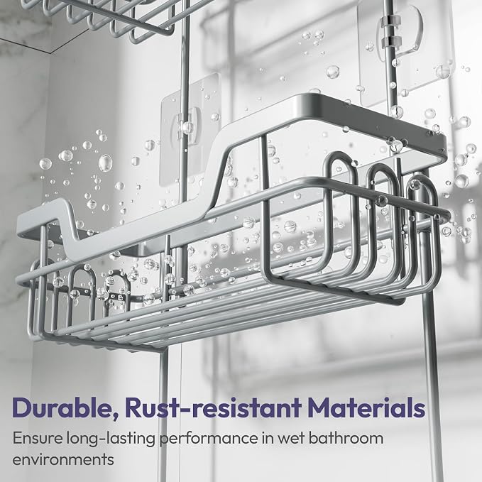 SWTYMIKI Bathroom Shower Caddy Hanging - 3 Tier Rustproof Over Shower Head Organizer, No Drilling Bathroom Shelf with 16 Hooks & Soap Holder, Anti-Swing Rack for Shampoo,Sponge,Towel, Silver, Large