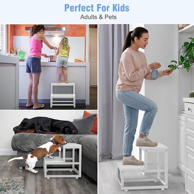 LIANTRAL 2 Step Stool for Adults Kids, Heavy Duty Sturdy Steel Frame with Wooden Steps, Bedside Foot Stool with 500lbs Load Capacity, Non-Slip Step Stool for High Bed, Kitchen, RV Step - White
