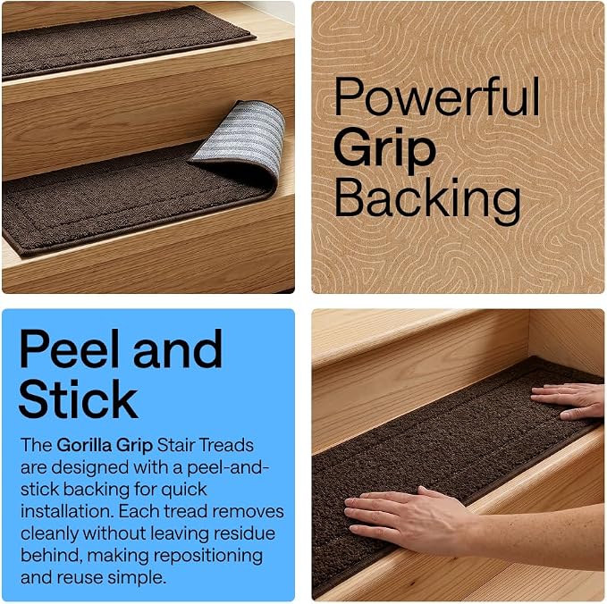 GORILLA GRIP Peel and Stick Stair Treads for Wooden Steps, Multi-Surface Use, Machine Washable Carpet Runners, Indoor Rugs for Stairs, Pet Friendly, Universal Size, 4 Pack Brown, 8x28 Inches