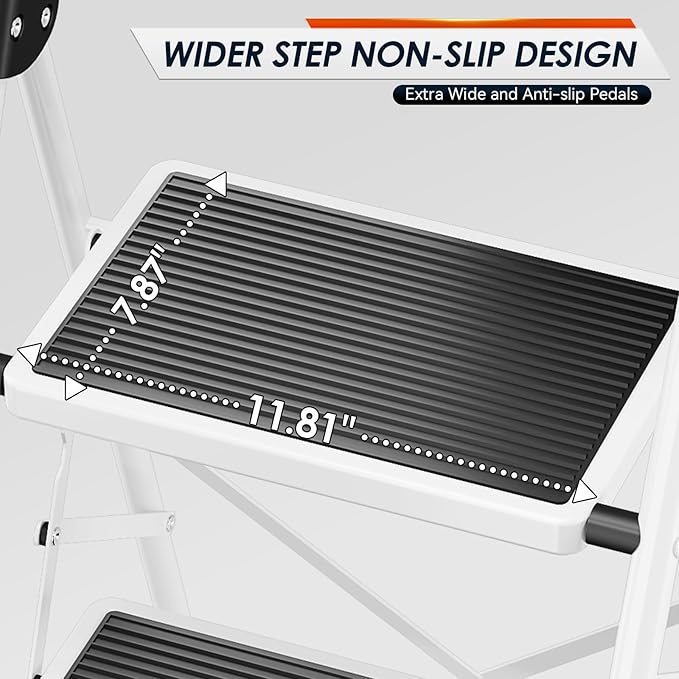 Urackify Step Ladder, 4 Step Ladder with Anti-Slip and Wide Pedal, Portable Foldable Step Stool with Handgrip, Sturdy Step Ladder for Home Kitchen Household, White
