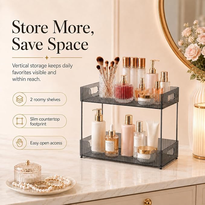 Goderewild Bathroom Counter Organizer, Multi-Purpose Cosmetics Skincare Shelf, Makeup Organizer for Vanity Tray, Countertop Storage Solution for Kitchen and Bath. (Smoky Gray, 2-Tier)