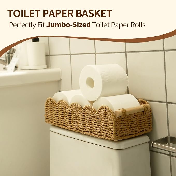 Paper Rope Storage Basket Set of 2 with Wooden Handles - Scalloped Toilet Paper Organizer, Cute & Functional Home Decor for Bathroom or Living Room (Beige)