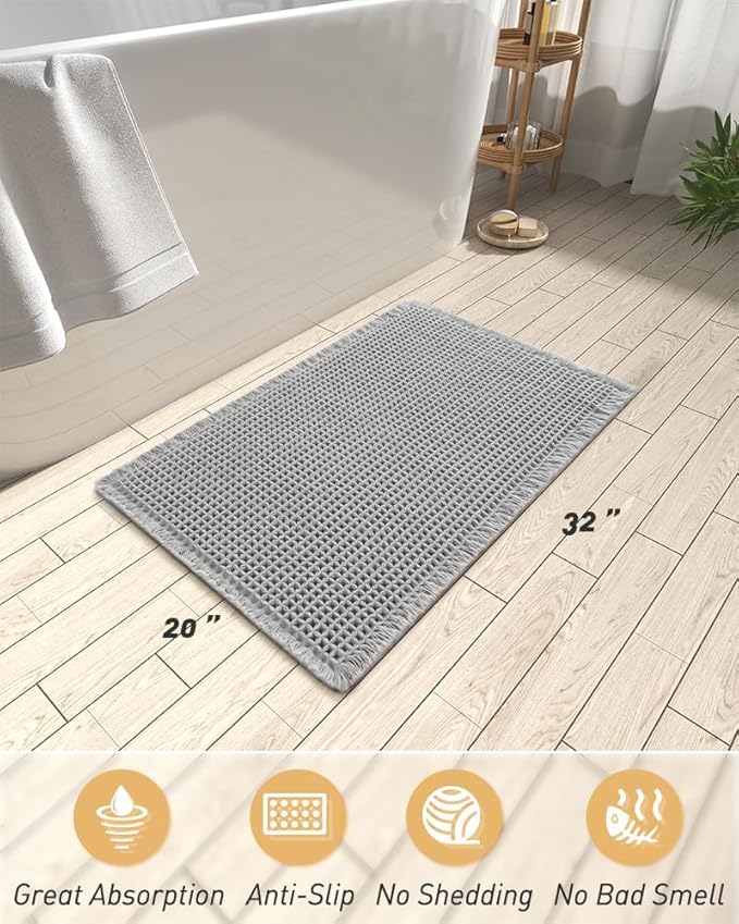 AMOAMI Upgraded Waffle Bath Mat, Super Absorbent Non Slip Bath Mats for Bathroom Floor, Washable Bathroom Rugs with Tassels, Rubber Backed Bathroom Mats, Ultra Soft, 20" x 32", Light Grey