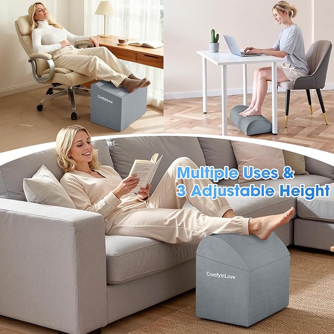 Foot Rest for Under Desk at Work - Non-Slip Foot Stool with 3 Adjustable Heights, Ergonomic Under Desk Footrest with Washable Cover for Leg Elevation, Desk, Home, Office, Car (Light Grey)