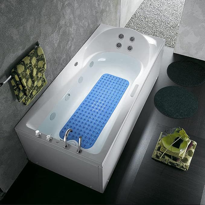 Anti Slip Extra Long Bathtub and Shower mat 39" x 16", Wet Floor Non-Slip for Elderly & Kids Bathroom, 30% Longer Bathtub Mats, 200 Suction Cups, Drain Holes, Machine Wash (Pure Blue)