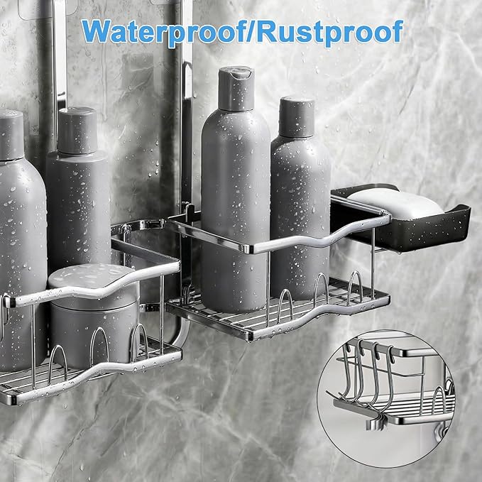 Shower Caddy Hanging Organizer, Rustproof Shower Organizer Hanging for Handheld Showerhead with Hooks for Razor/Sponge, Bathroom Caddy Rack Shower Shelves for Shampoo Soap Towels, Silver