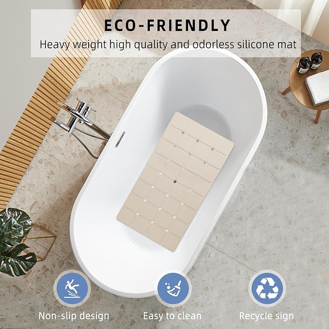 Bathtub Mat Non Slip 15" x 28" Silicone Foldable Tub Mat with Strong Suction Cups & Large Drain Holes, Durable & Eco-Friendly, for Smooth Surfaces, Ideal for Seniors, Adults Beige