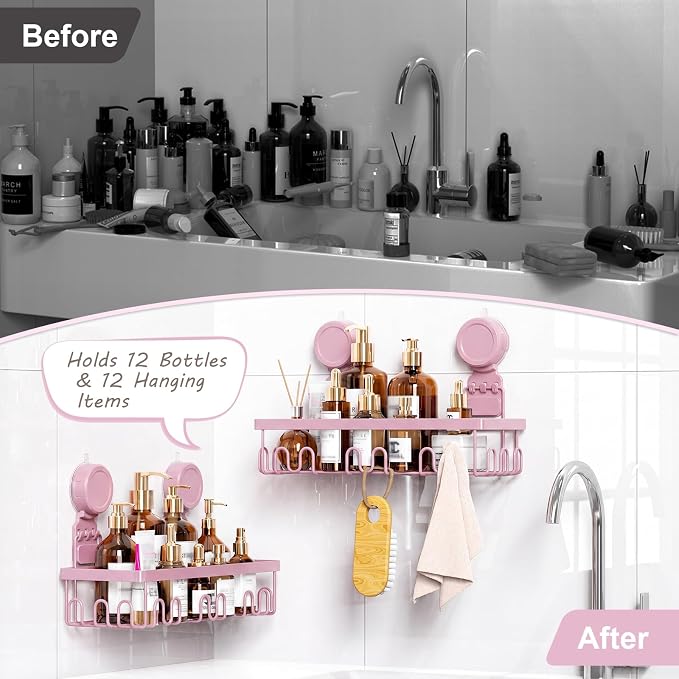 JOTPE Pink Shower Caddy Suction Cup 2 Pack with Hooks, No Drilling Shower Organizer for Bathroom with Large Capacity, Heavy Duty Suction Strong Hold, Waterproof & Rustproof Metal Storage Basket