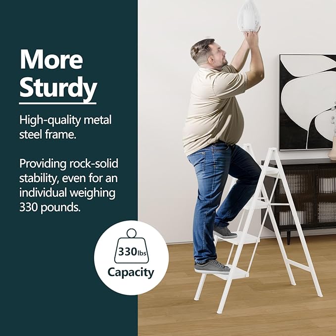 WOA WOA Step Ladder for Home, Foldable Step Stool for Kitchen with Non-Slip Pedals, Sturdy Ladders Supports up to 330 lbs, Compact and Portable - 4 Step/White
