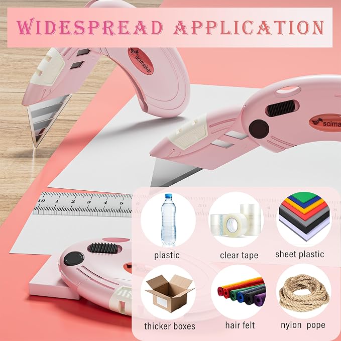 Box Opener with 10 Extra Blades,Mini Box Cutter with Button Lock Mechanism,Razor Blades Utility Knife for Opening Daily Express Boxes, Packages, Envelopes,Paper tapes,Pink,4 Pcs.