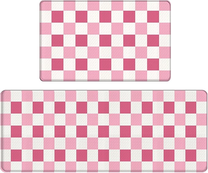 Bulijojo Pink Plaid Anti Fatigue Kitchen Floor Mats Set of 2 Waterproof Kitchen Sink Runner Rug Standing Mat Cushioned Kitchen Rugs Comfort Doormat 17"x47"+17" x30“