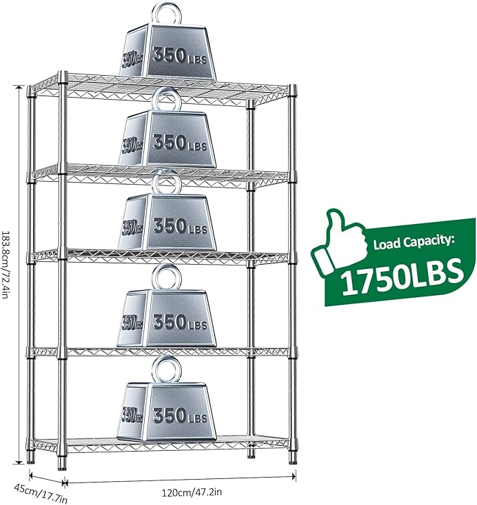 IZEUK 5-Tier Metal Storage Shelving Unit, Heavy Duty Chrome Wire Rack, Adjustable Shelves, 1750 lbs, 17.7" D x 47.2" W x 72.3" H, Garage Storage, Kitchen Pantry Organizer, Basement & Laundry Shelf