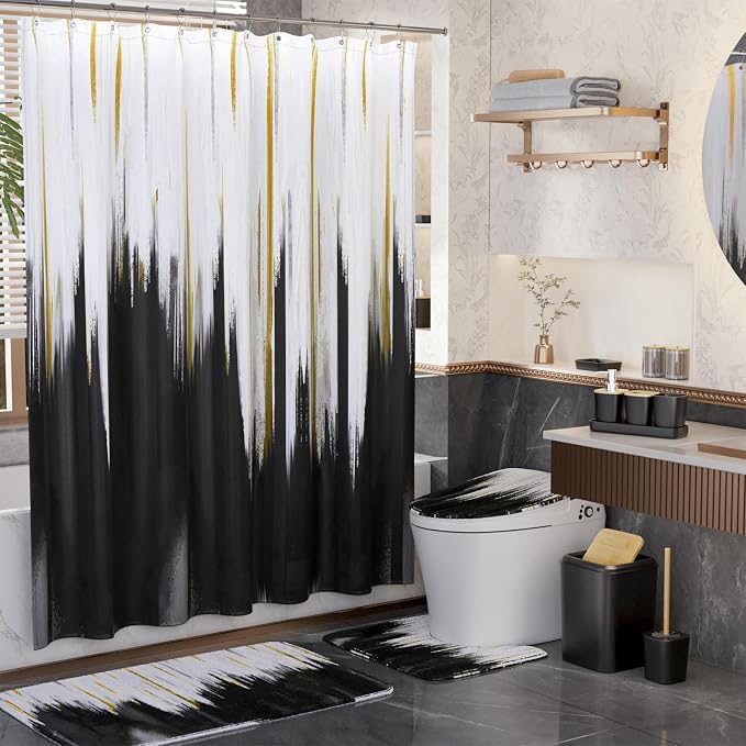 XLHOMO Black Bathroom Accessories Set - 24PCS Bathroom Sets with Shower Curtain and Rugs,Waterproof Black and White Shower Curtain Set, Toilet Brush, Trash Can & Soap Dispenser