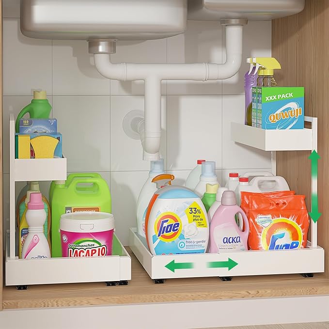 REALINN Expandable Under Sink Organizer with 6-Level Height Adjustment & Expandable Width, Pull-Out Cabinet Storage Rack with Quiet Sliding Rails for Kitchen, Bathroom, Laundry Room Cabinets, White