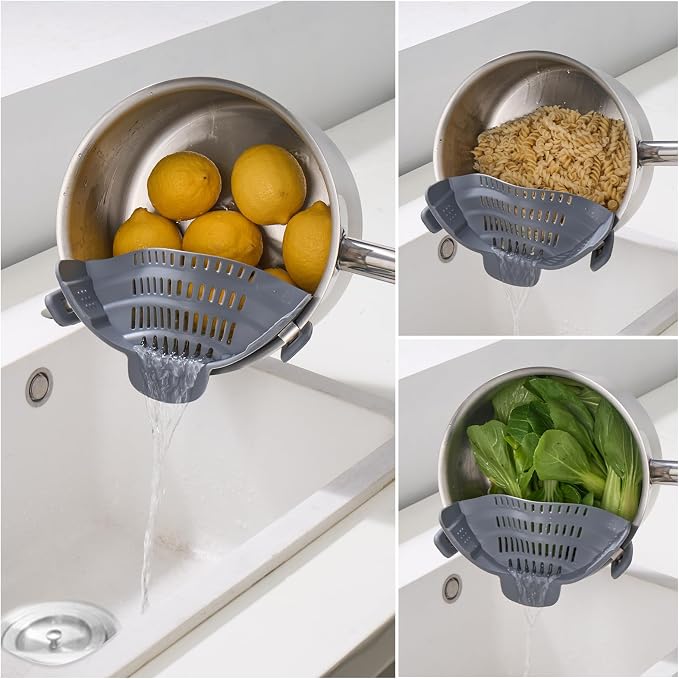 S&F Homes Silicone Clip On Strainer for Pots and Pans - Heat Resistant, Food, Noodle, Meat, Fruits, Vegetables and Pasta Strainer - Versatile Kitchen Gadget and Colander (Gray)