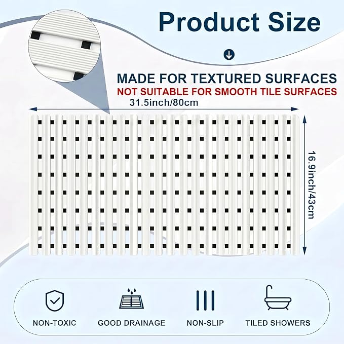 AceOrbit Weighted Non Slip Bath Mat for Textured tub, Heavy Duty Anti Slip Bath Mat for Bathtub and Shower Surfaces, Without Suction Cups for Textured, Reglazed, Refinished Tub(White,32 x 17 Inch)