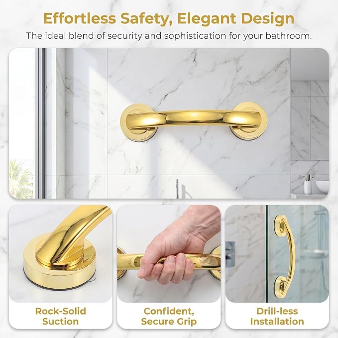ibasenice 2pcs Large Gold Suction Cup Grab Bars Thickened Adhesive Shower Door Handles No Drilling Bathroom Safety Handrails for Seniors Glass Cabinet Window Sliding Doors