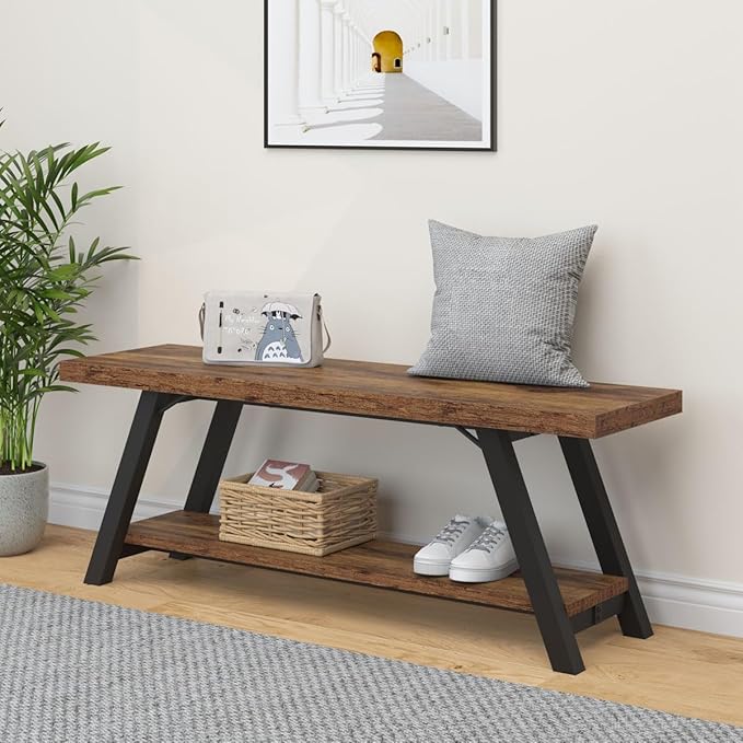 LVB Wood Bench, Industrial Storage Entryway Indoor Bench for Bedroom Hallway Living Room, Rustic Famhouse Wooden Metal Shoe Rack Accent Foyer Bench Seat for Entrance Sitting, Rustic Brown, 47 in Long