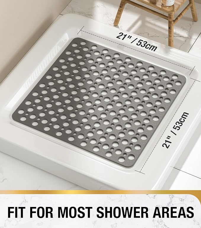 HITSLAM Shower Mat Anti Slip, 21x21 Inch No Odor Soft TPE Bathroom Shower Stall Floor Mat, Square Bath Mat for Tub Non Slip with Suction Cups and Drain Holes, Machine Washable, Soft on Feet, Grey