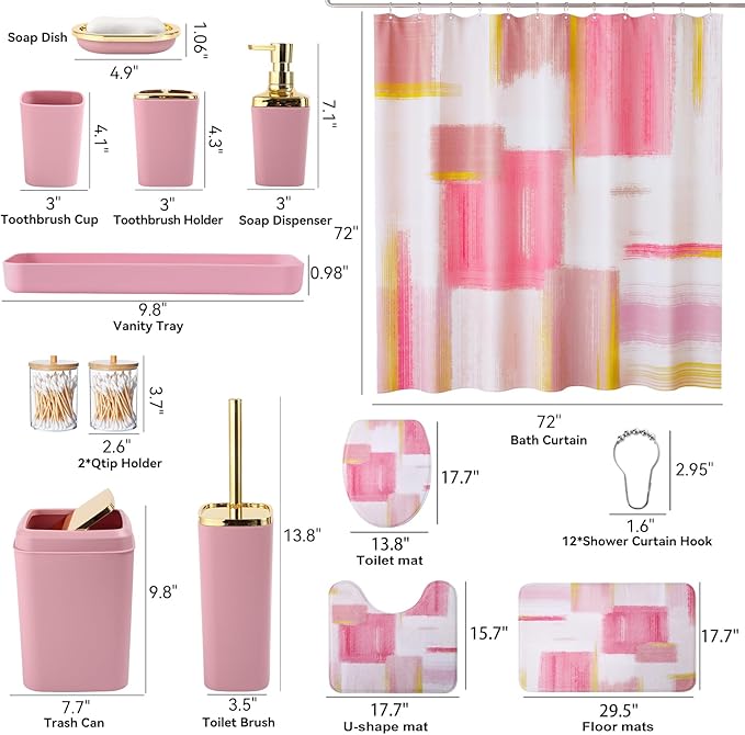 XLHOMO Bathroom Set - Pink and Gold Bathroom Accessories Set, Bathroom Sets with Shower Curtain and Rugs, Pink Shower Curtain Set with Bathroom Trash Can, Soap Dispenser, Soap Dish for Home Decor