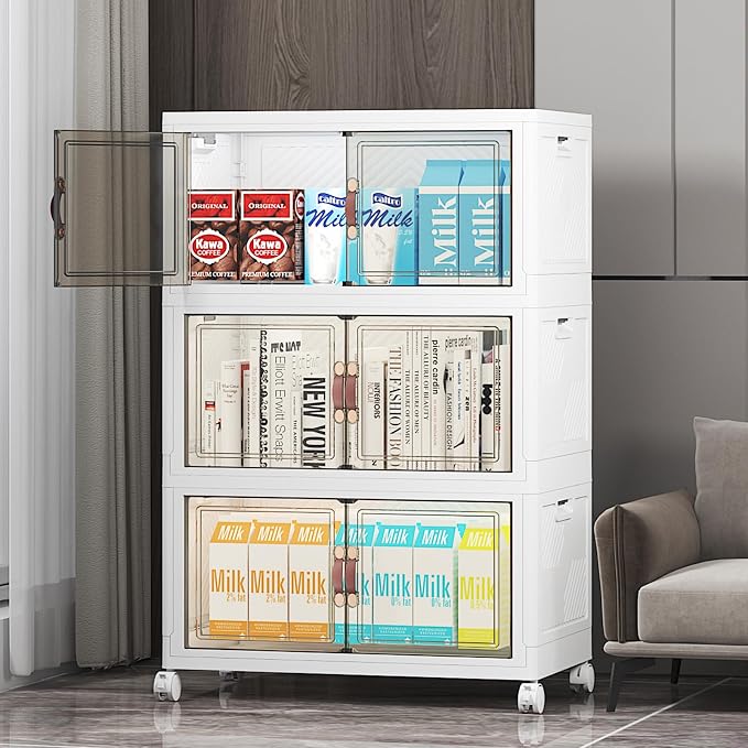 UAMFURI Stackable Storage Bins with Lids, 312QT Closet Organizers and Storage with Doors and Wheels, Extra Large Storage Cabinet, Collapsible Plastic Drawers for Bedroom Dorm Office Garage