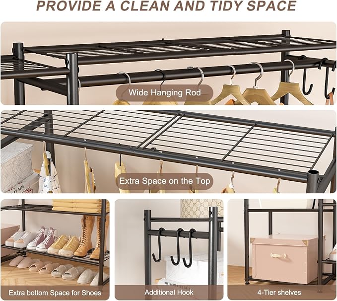 Neprock Wardrobe Closet, Portable Clothing Rack for Hanging Clothes, Free Standing Closet Organizers and Storage System with 4 Tiers Shelves for Cloakroom Bedroom, Black