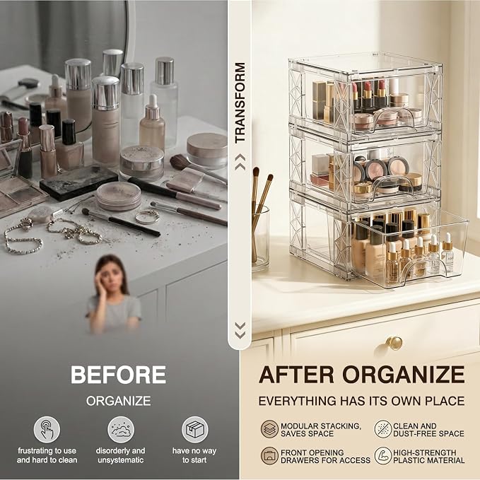 Under Bathroom Sink Organizer Stackable Storage Drawers 4.4in Small Acrylic Medicine Cabinet Bins, Simply Assembled Box Containers for Cosmetics, Bathroom, Kitchen, Snack(4 Pack)